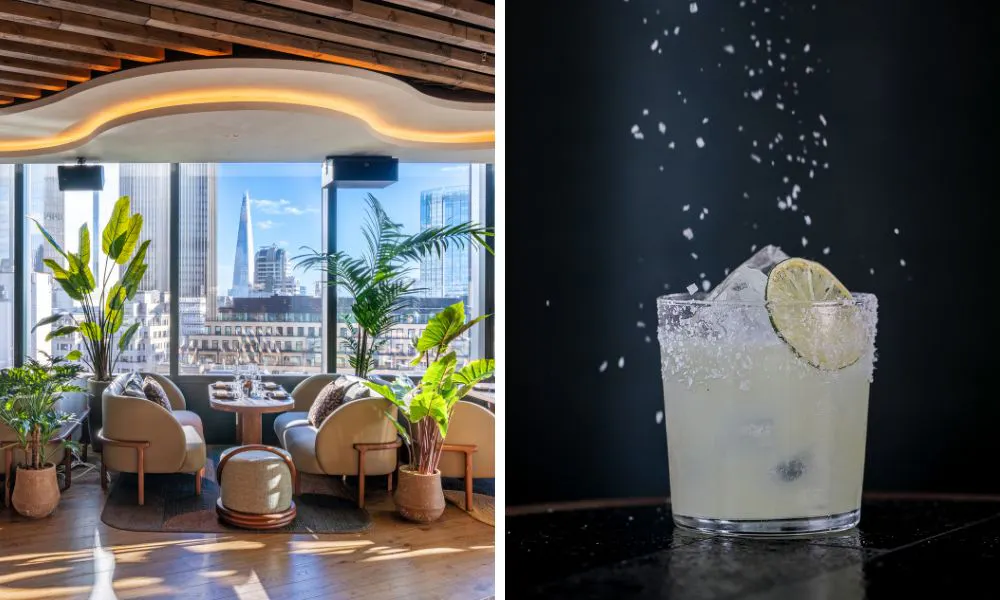 The interiors at Los Mochis City (left);salt being poured onto a mezcalita (right)