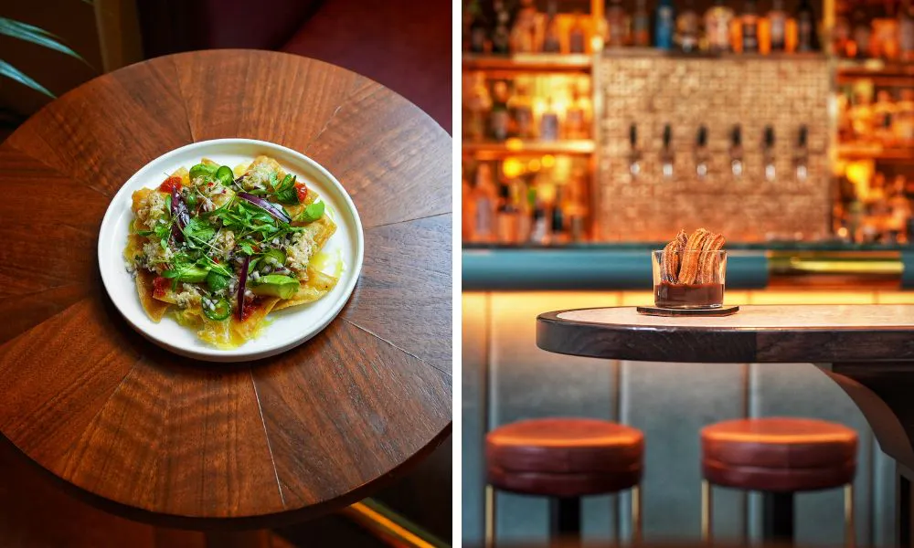 Mexican-inspired dish (left); a bowl of churros (right)