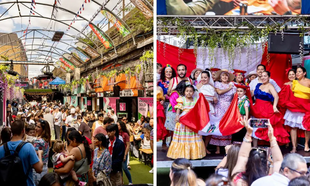 Crowds at Vauxhall Arches (left); A group in authentic Mexican dress (right)