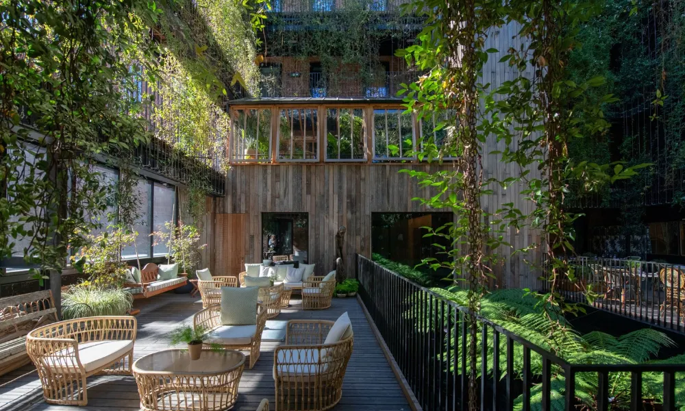 Wooden terrace with bamboo seating and plants
