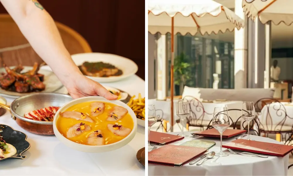 riviera terrace with plate of seabass carpaccio