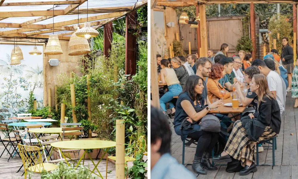outdoor terrace with bistro tables and long wooden benches