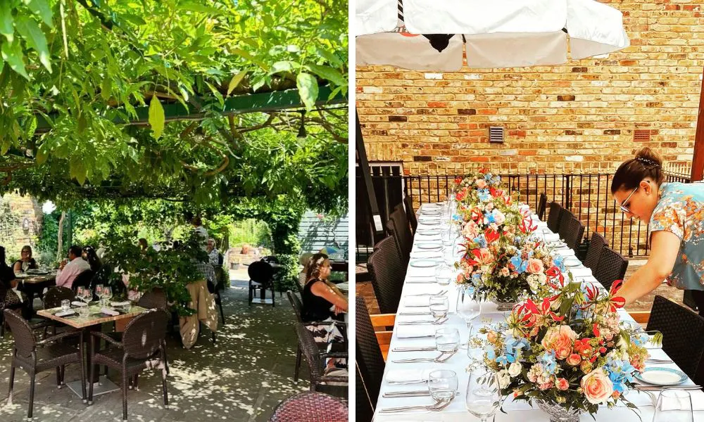 outdoor courtyard terrace and upstairs balcony banquet table