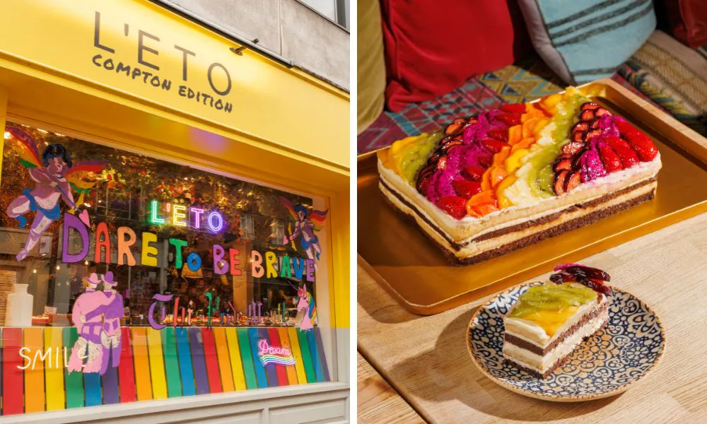 colourful cafe exteriors and rainbow cake