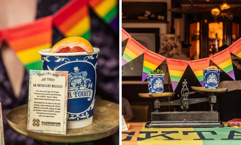 interiors decorated with pride flags and a specialty cocktail