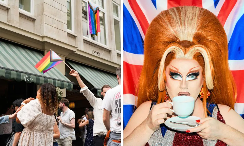 the exterior or Nessa decorated in pride flags and a drag queen sipping tea