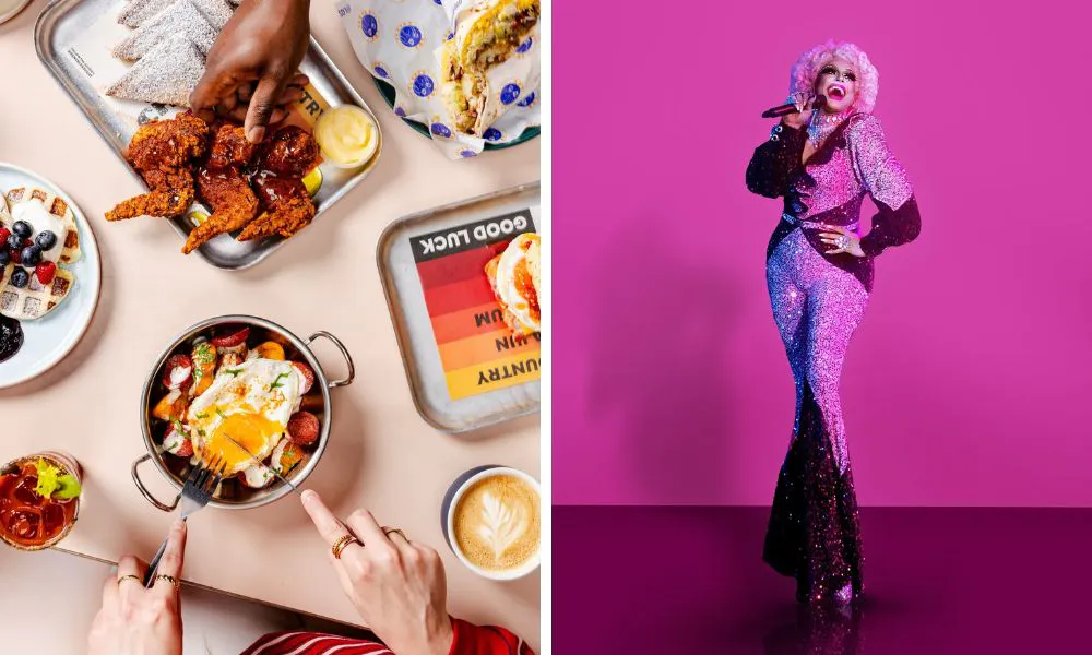 Brunch dishes at sevel dials, and a drag queen ready to perform