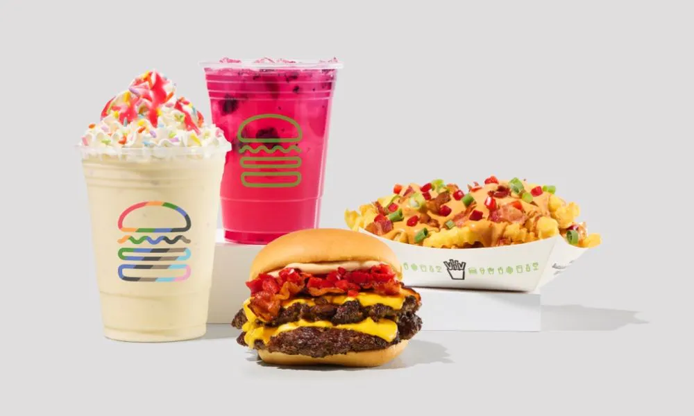 pride milkshake, and a selection of burgers and drinks from Shake Shack