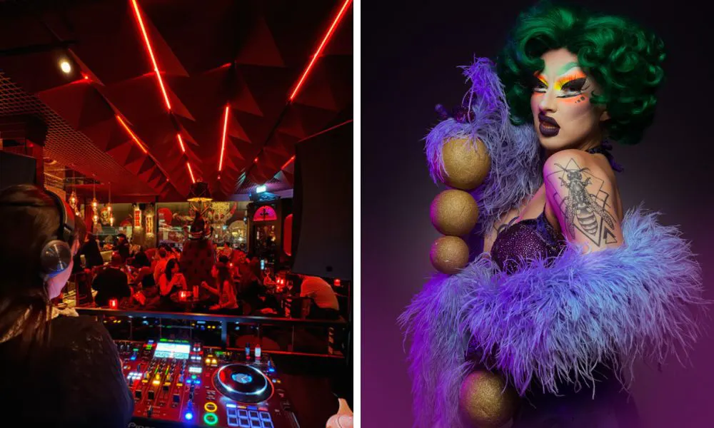 DJ playing for crowds and Drag Queen Marnie Scarlet