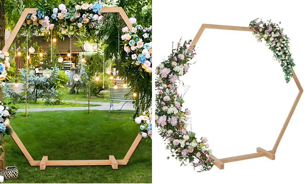 Hexagonal arbour arch decorated with flowers