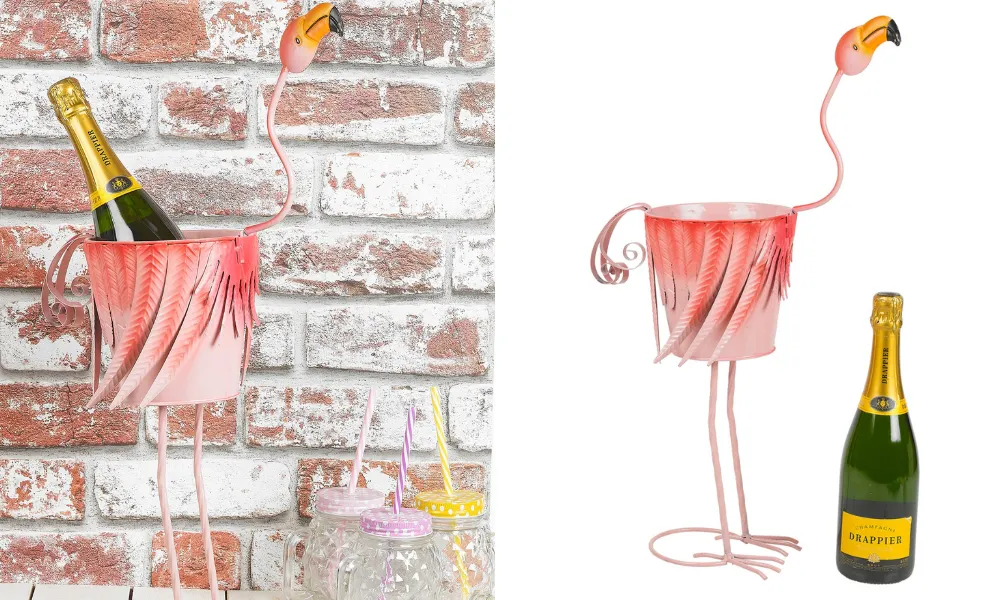 Metal ice bucket shaped like a lawn flamingo