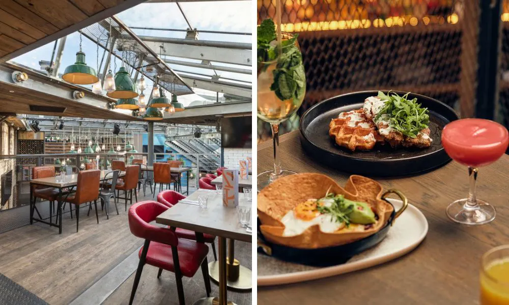 relaxed restaurant interiors and a selection of brunch dishes and cocktails on a table