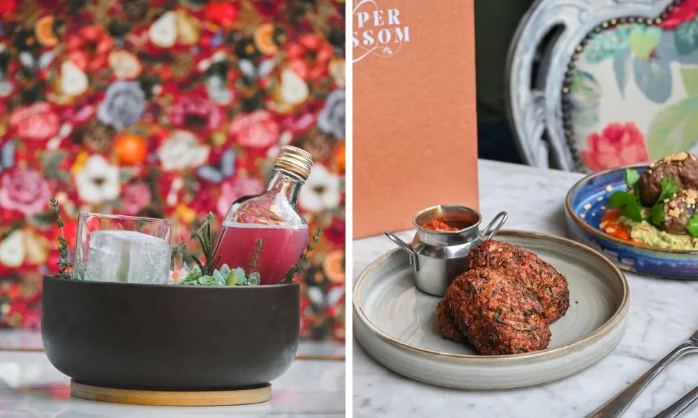 an ice bucket with a drink (left), a couple of brunch plates (right)