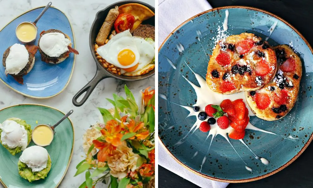 selection of brunch dishes including fry up and poached eggs and pancakes with berries and cream