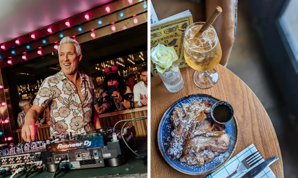 martin kemp djing in bar and waffles with bacon and syrup