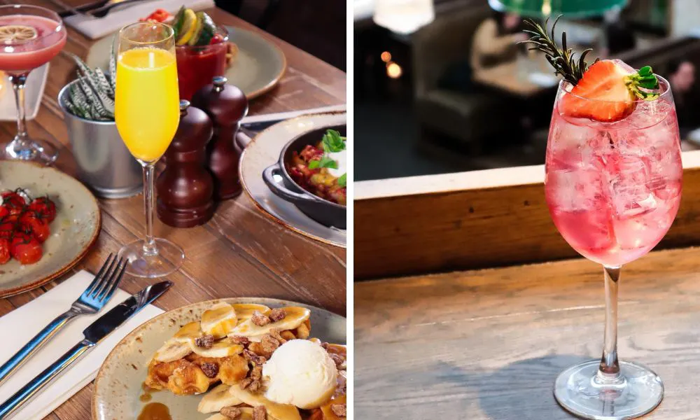 waffles and ice cream with a mimosa and strawberry spritz