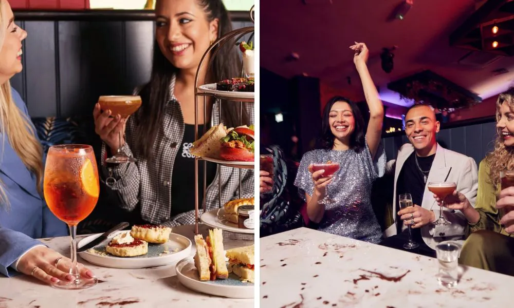 two girls enjoying drinks and a group of friends with cocktails