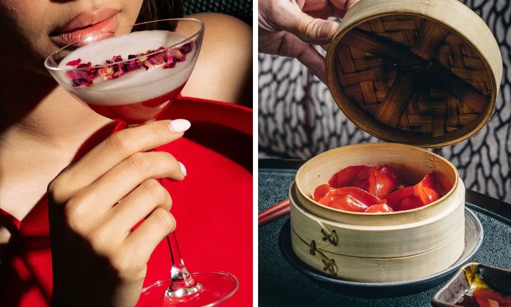 cocktail with flower petals and dumplings in a bamboo steamer