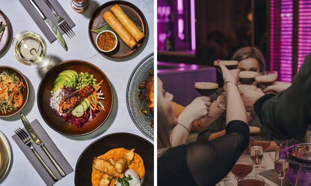 poke bowl with salmon and girls with espresso martinis