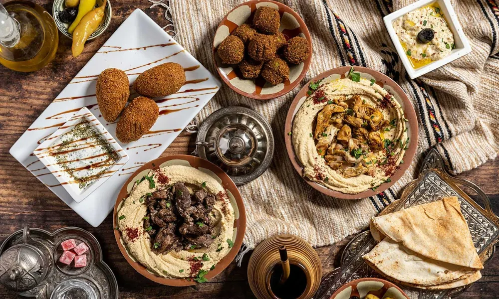 Hummus and falafel on a table
