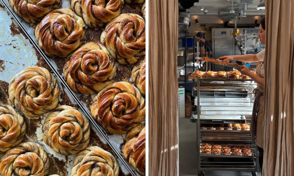freshly baked cinnamon buns at Landrace bakery