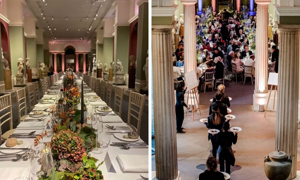 Banquet tables and servers at museum dinner