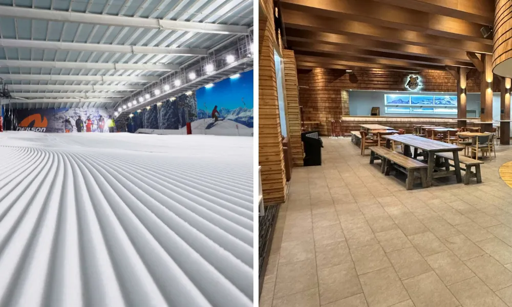 indoor snow slope and alpine lodge bar 