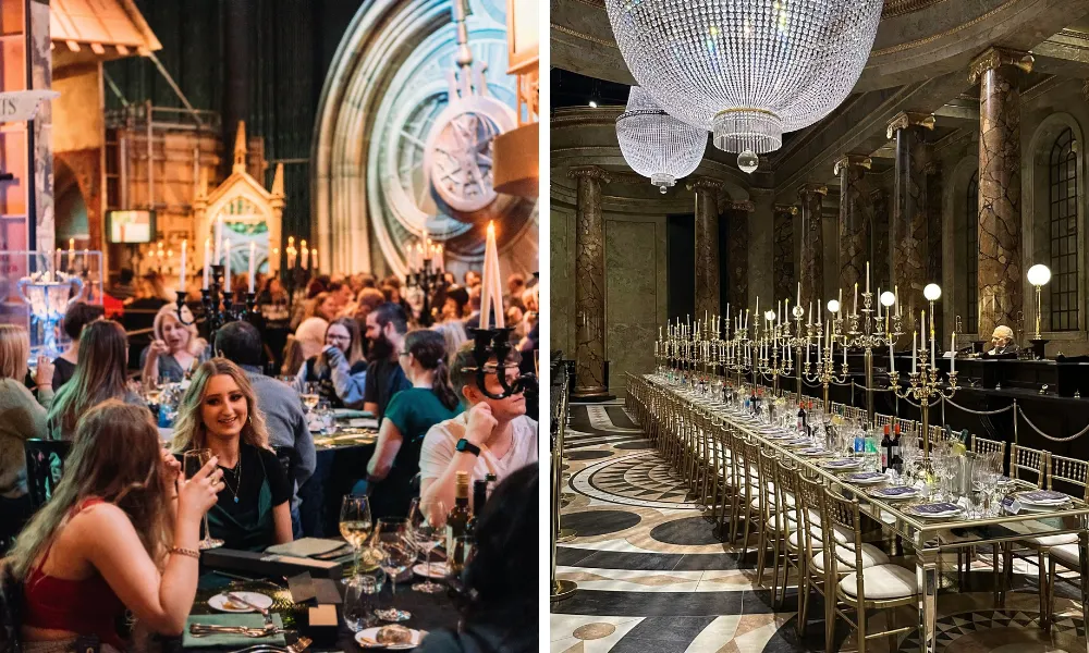 dinner tables laid out in Gringotts Bank and Diagon Alley