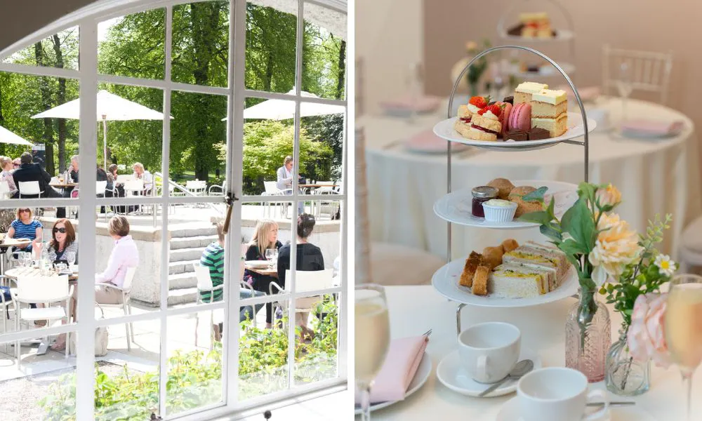 al fresco terrace, and tiered afternoon tea stand on a table