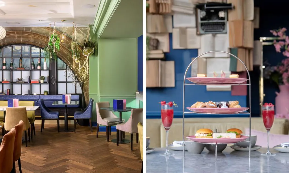 vibrant and colourful dining room, with pink afternoon tea