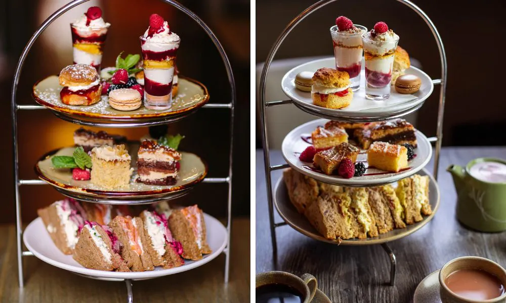 cake stand full of pastries, cakes, scones and sandwiches for afternoon tea
