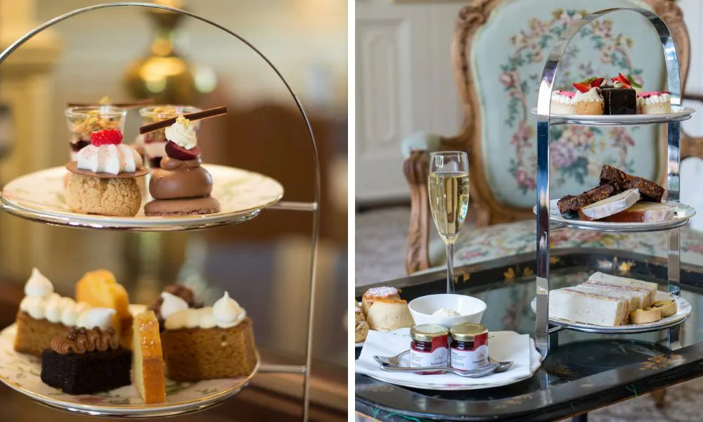 Close up of dainty patisseries, and full afternoon tea set up
