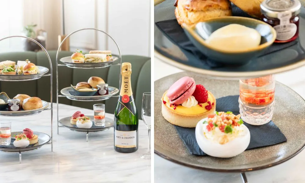 afternoon tea stand and bottle of Chamapgne on a table