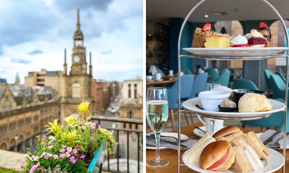 terrace views, and a tiered stand of afternoon tea cakes and sandwiches