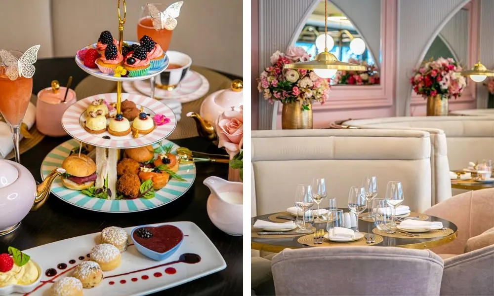 Cakes and burgers afternoon tea with champagne