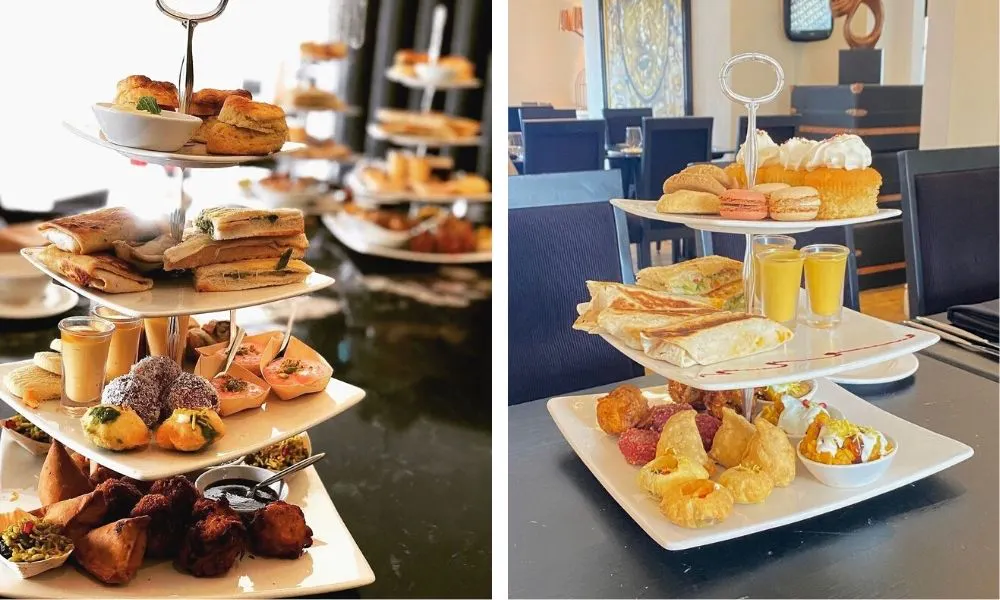 Cake stand with desserts and sandwiches