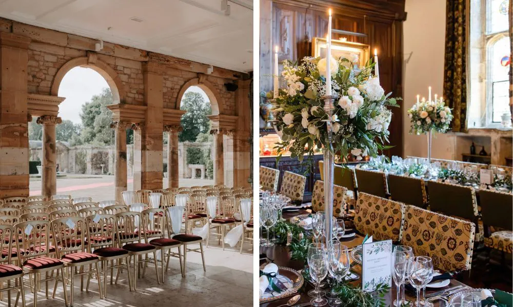 left, italian Stoa wedding ceremony. Right, English banquet