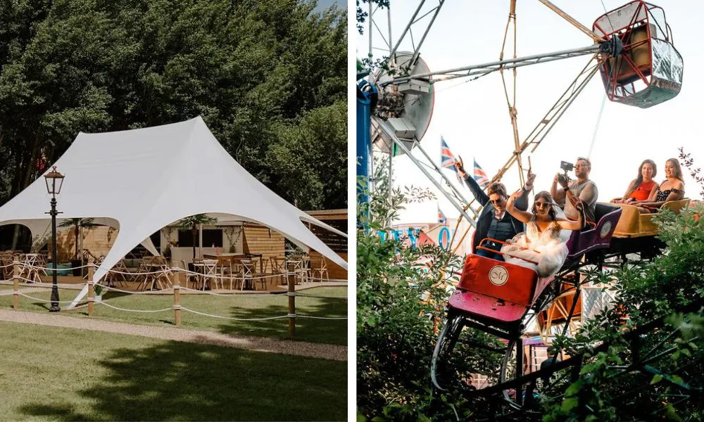 left, sleek white gazebo. Right, couple on rollercoaster
