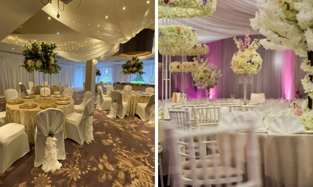 wedding breakfast with floral centrepieces and white chairs