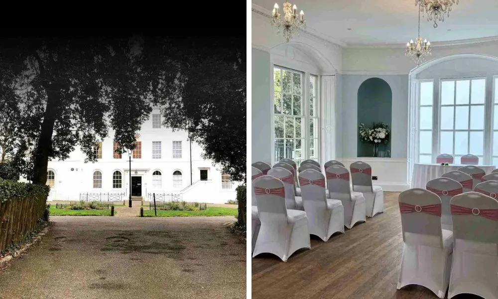 whitewashed building with driveway and wedding ceremony with white and pink chairs