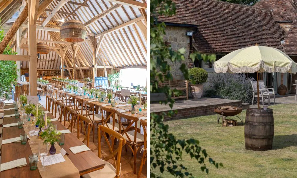 wedding breakfast inside a barn and barrel with parasol outside