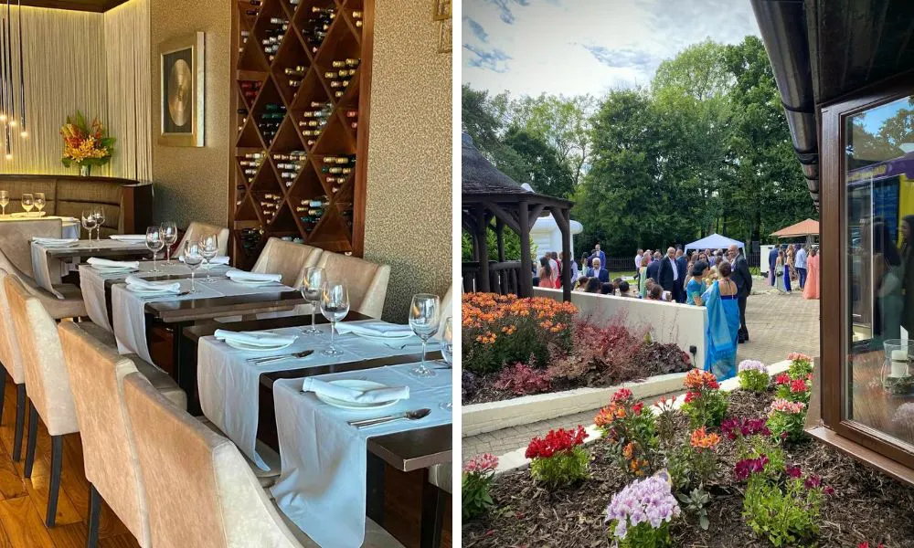 tables with white tablecloths and wedding guests gathering outside