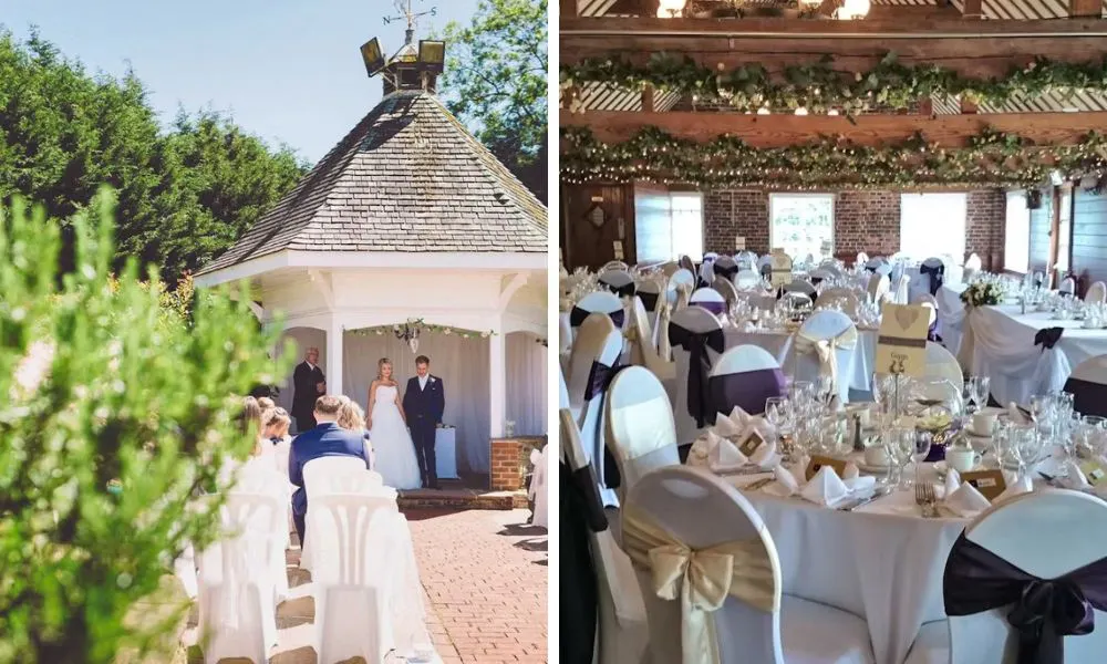 couple getting married at altar and wedding breakfast with bows