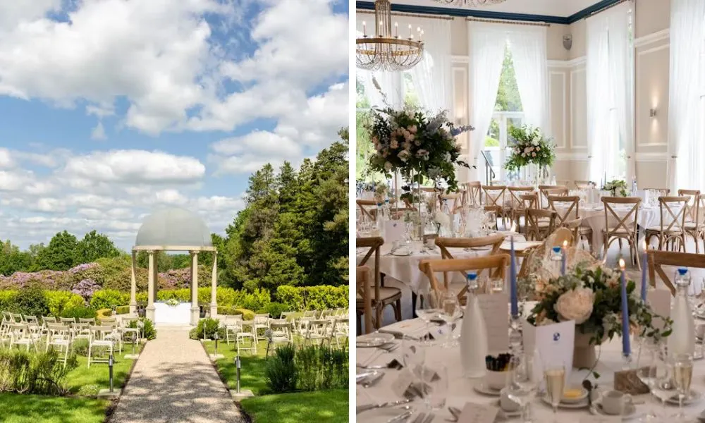 outdoor wedding aisle and wedding breakfast with flowers
