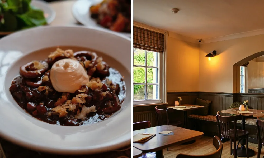 plate of stew and interiors of a pub dining room