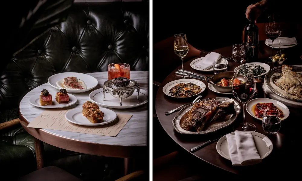 selection of grill dishes in a dim dining room