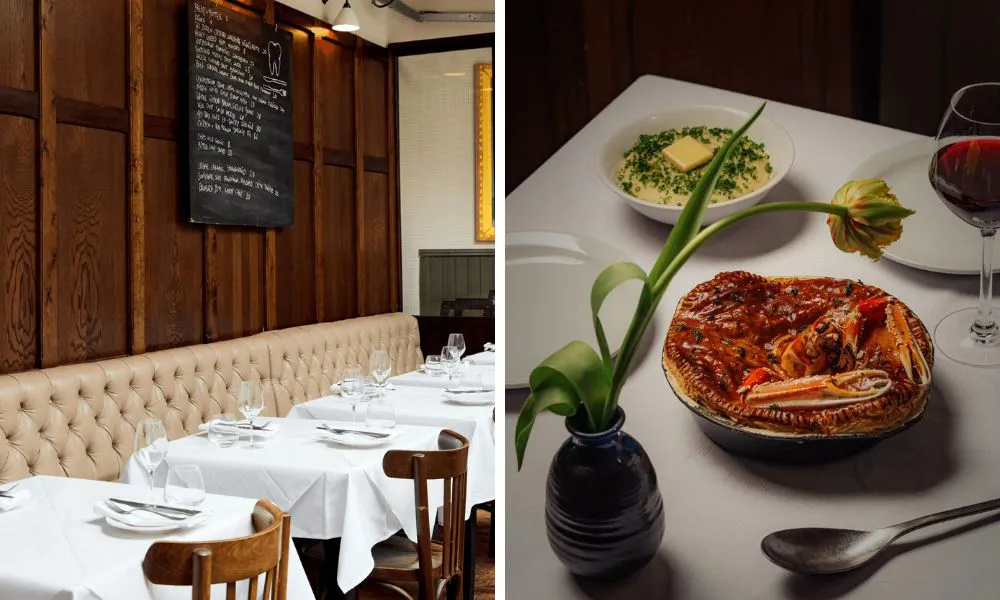 gastropub dining room with specials board and stargazy pie with langoustine