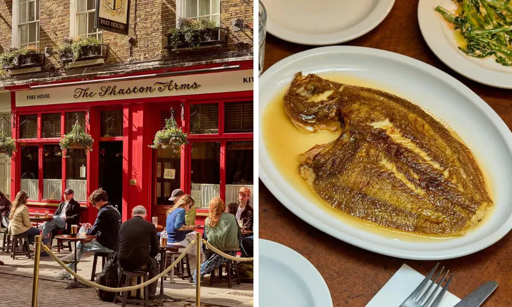 exterior of soho pub and whole fish with butter sauce