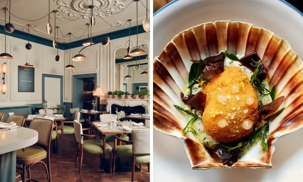 elegant, neutral restaurant interiors and a fried scallop dish