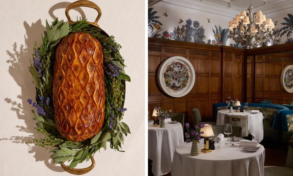 Large beef Wellington and picture of a dining room